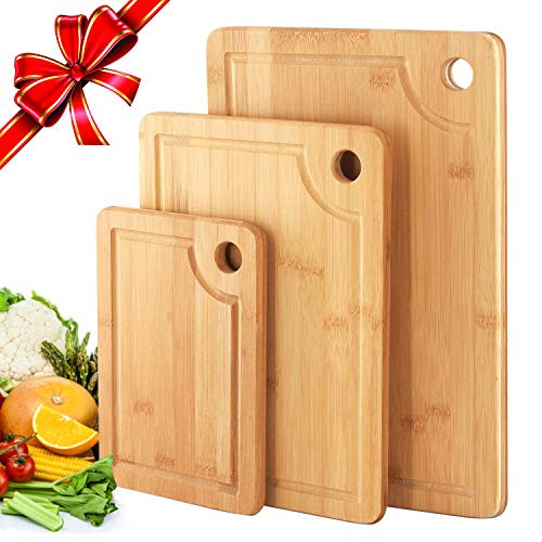 Organic Bamboo Cutting Board with Juice Groove (Set of 3), Kitchen Chopping Board for Meat (Butcher Block) Cheese and Vegetables, As Wood Large Serving Tray Holder, Carving board