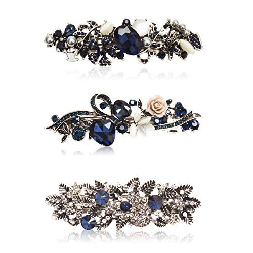 Kicosy Barrettes for Women Hair Barrettes for Women 3 Pack Vintage Shining Rhinestone Hair Barrettes Metal Flower Butterfly French Clip Faux Crystal Hair clip Spring Hair Barrette,Black and Navy Blue