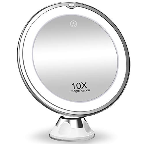 KOOLORBS 2020 New Version 10X Magnifying Makeup Mirror with Lights, 3 Color Lighting, Intelligent Switch, 360 Degree Rotation, Powerful Suction Cup, Portable, Good for Tabletop, Bathroom, Traveling