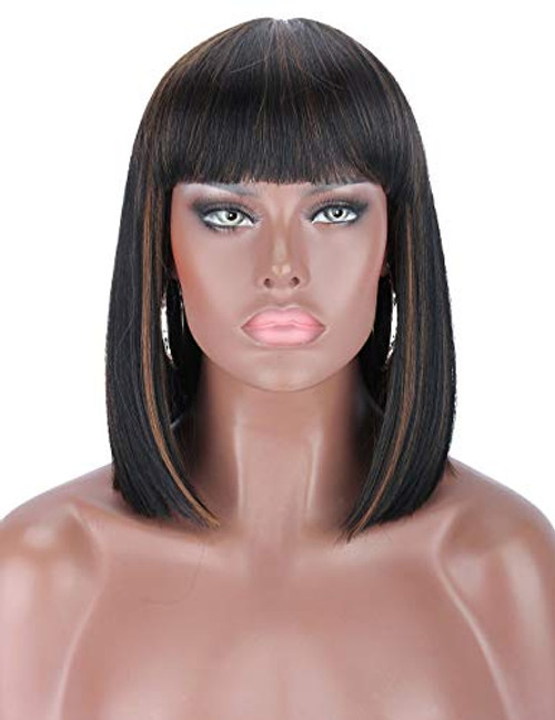 Kalyss Short Bob Wigs with Hair Bangs Black Wigs with Brown Highlights Heat Resistant Yaki Synthetic Straight Full Head Hair Wig for Women Natural Looking for Daily Wear
