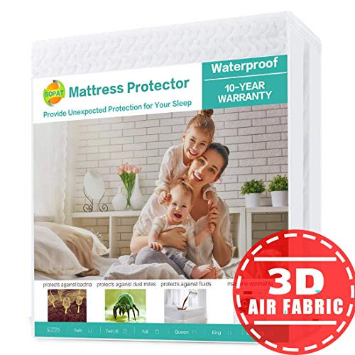 SOPAT Mattress Protector Full 100% Waterproof Mattress Pad Cover 3D Air Fabric Breathable Smooth Soft Cover Premium Fitted Mattress Protector Elastic Deep Pocket Vinyl Free