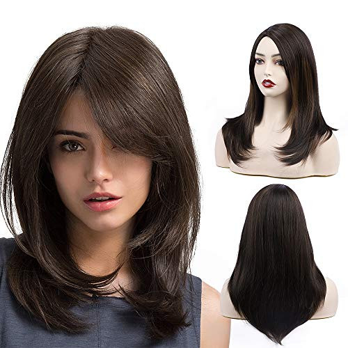 FORCUTEU Straight Brown Wigs with Bangs Long Layered Shoulder Length Synthetic Wigs for Women Natural Looking Heat Resistant Wig (Brown)