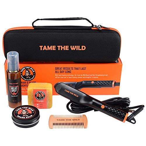 Tame's Easy Glide Beard Straightener Essentials Kit - Anti Scald Beard Straightening Comb - With Heat Spray - Beard Soap - Beard Balm - Detangle Comb - Storage Case.