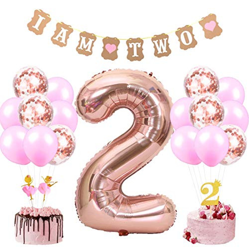 JOYMEMO 2nd Birthday Decorations for Girl with I Am Two Banner Number Foil Balloons and Dancing Girl Cake Toppers