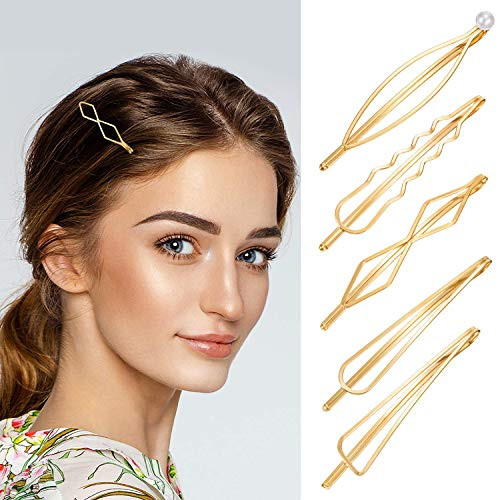 Gold Geometric Hair Clip Women Girls Minimalist Decorative Pearl Bobby Pins Dainty Triangle Marquise Rhombus Infinity Metal Styling Hair Accessories Barrettes For Bridal Thick Hair 5 PC
