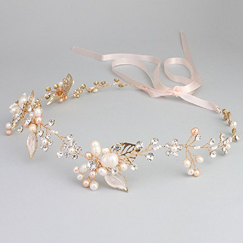 Oriamour Gold Bridal Crystal Headband with Freshwater Pearls Flower Design Wedding Hair Accessories