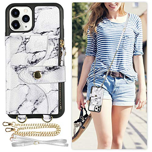 LAMEEKU iPhone 11 Pro Wallet Case, iPhone 11 Pro Case Wallet with Card Holder Crossbody Wallet Case Leather Zipper Wallet Case with Wrist Strap Bumper Case for iPhone 11 Pro,5.8 Inch-Marble