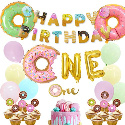 Donut 1st Birthday Party Supplies - Donut One Foil Balloon Cupcake Toppers Happy Birthday Banner for First Birthday Donut 1st Birthday Party Supplies - Donut One Foil Balloon Cupcake Toppers Happy Birthday Banner for First Birthday