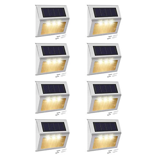 Solar Step Lights with Larger Battery Capacity JACKYLED 8-Pack Stainless Steel 3 LED Solar Powered Deck Lights Weatherproof 3000K Warm Light Outdoor Lighting for Steps Stairs Paths Patio Decks