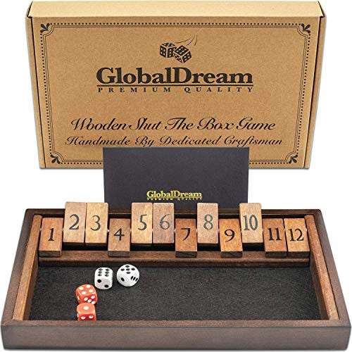 GlobalDream Shut The Box Game - 12 Numbers Wooden Dice Game for Kids and Adults - 2 Players and Up - Shut The Box Game Wooden, Close The Box Game, Shut Box Dice Game