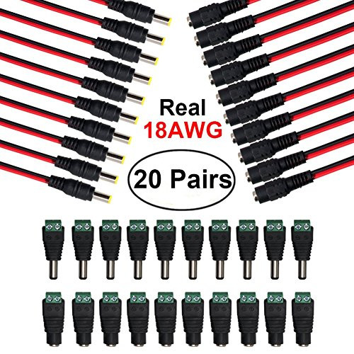 (Real 18AWG 43x2pcs Strands) 10 Pairs DC Power Pigtail Cable 12V 5A Male & Female + 10 Pairs DC Power Jack Plug Adapter Connector for CCTV Home Security Surveillance by MILAPEAK (2.1mm x 5.5mm)