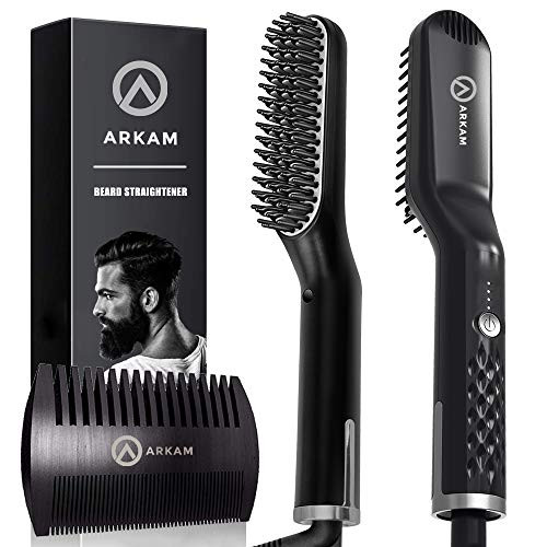 Arkam Premium Beard Straightener for Men - Cutting Edge Ionic Beard Straightening Comb, Heated Hair Straightener for Men, Beard Comb and Heated Beard Brush, Dual Action Fine Wooden Comb & Travel Bag