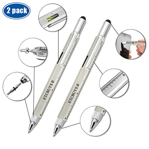 Screwdriver Pen Pocket Multi-Tool 6 in 1  Multi-Functional & Sturdy Aluminum DIY Tool, With Screwdriver, Stylus, Bubble Level, Ruler & Phillips Flathead Bit, Unique Gift Idea - 2 Pack, Silver