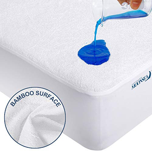 Waterproof Mattress Protector Full XL Ultra Soft Bamboo Terry Mattress Protector, Hypoallergenic Breathable Noiseless Mattress Pad Cover Fitted Up to 14" Deep Pocket