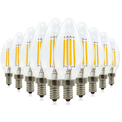 Edison LED Filament Bulbs E12 Candelabra Base, 4W (40W Equivalent) E12 C35 Candle Edison Light Bulb, 2700K Warm White Chandelier Decorative Classic Glass Lamp, 10-Pack