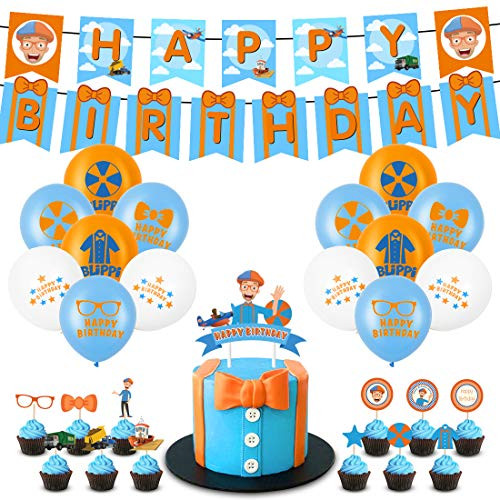 Blippi Party Supplies, Birthday Decorations Party favor Include Banner Cake Cupcake Toppers Foil Balloons, and Latex Balloons Blippi Party Supplies, Birthday Decorations Party favor Include Banner Cake Cupcake Toppers Foil Balloons, and Latex Balloons