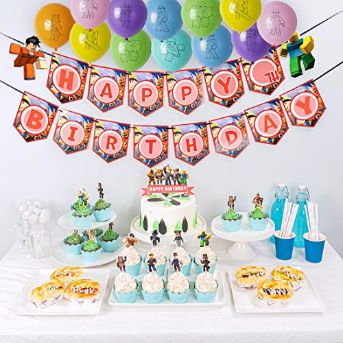 Roblox Party Supplies, Birthday Decorations Party favor Include Banner Cake Cupcake Toppers Foil Balloons, and Latex Balloons Roblox Party Supplies, Birthday Decorations Party favor Include Banner Cake Cupcake Toppers Foil Balloons, and Latex Balloons