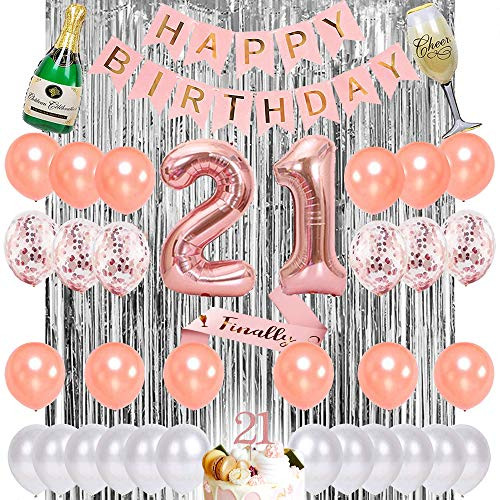 21st Birthday Decorations Party Supplies, 21st Birthday Gifts Balloons for Her, 21 Cake Topper Rose Gold Banner for Finally Legal 21st Birthday Party