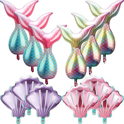 12 Pieces Mermaid Tail Balloons Sea Shells Balloons Helium Foil Ocean Balloons Bright Colored for Birthday Wedding Summer Beach Mermaid Sea Theme Party Supplies (Blue Pink, Blue Green, Purple, Pink)