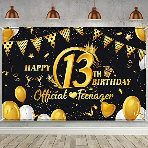 13th Birthday Black Gold Party Decoration, Extra Large Fabric Sign Poster Happy 13th Birthday Party Supplies, Official Teenager 13th Anniversary Backdrop Banner Photo Booth Background