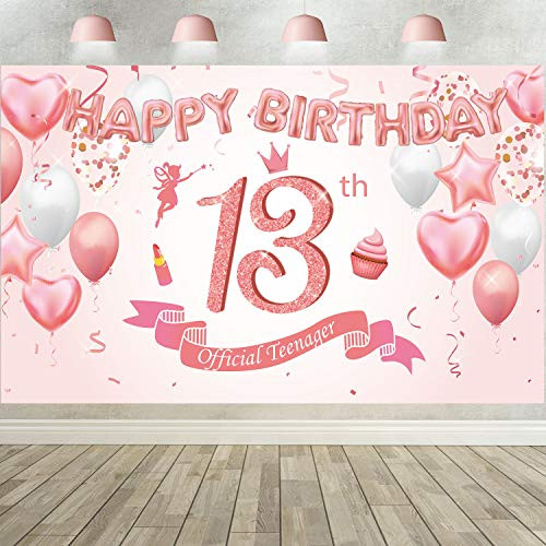 13th Birthday Rose Gold Party Decoration, Extra Large Fabric Rose Gold Sign Poster for 13th Birthday Backdrop Photography Party Supplies Anniversary Photo Booth Banner Background Favor