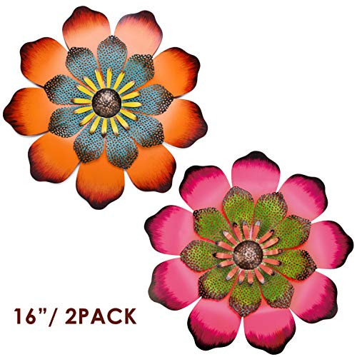 Yeahome 16'' Metal Flower Wall Decor - Wall Art Decorations Hanging for Bedroom, Living Room, Bathroom- Office/Home Decor Boho Art, Handmade Gift for Indoor or Outdoor, Set of 2(Tangerine & Hot Pink) Mothers day gifts