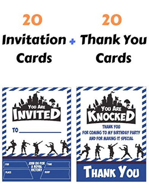 Battle Gaming Party Invitations - Party Supplies - 20 Birthday Invitations Cards + 20 Thank You Cards- Double Sided - Video Game Invitations  Video Game Party Supplies- Birthday Invitations for Boys
