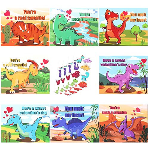 MAOYUE 32 Pcs Valentines Cards for Kids Valentine Cards 8 Patterns Dinosaur Cards with Temporary Tattoos Scratch and Sniff Scents Valentines Day Cards for Kids, Classroom, Envelopes Included