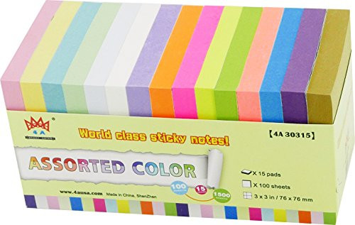 4A Sticky Notes,3 x 3 Inches,Neon Assorted,15 Different Colors,100 Sheets/Pad,15 Pads/Pack,4A 30315
