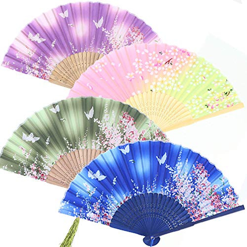 Johouse 4PCS Floral Folding Hand Fans Vintage Handheld Silk Folding Fan with Different Patterns Folding Fan for Wedding Dancing Party