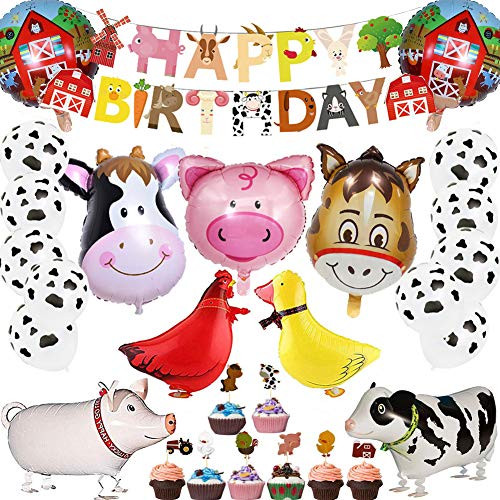 53Pcs Farm Birthday Party Supplies for Kids Barnyard Farm Animal Theme Party Decorations Animal Birthday Banner Farm Animal Walking Balloons Cow Print Balloons Cupcake Toppers Set for Boys Girls