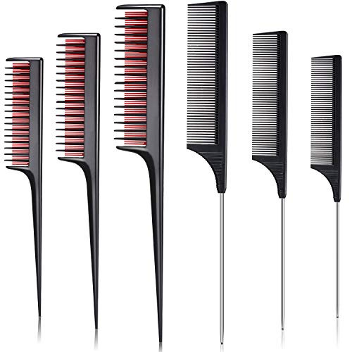 6 Pieces Teasing Comb Set Carbon Styling Comb Triple Teasing Comb Rat Tail Parting Comb for Back Combing, Root Teasing, Adding Volume, Evening Styling