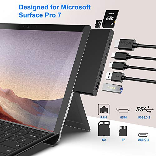 Surface Pro 7 Dock hub, Rocketek 7 in 1 Surface Pro Adapter with 4K HDMI, 2 USB C PD 60W Charging, 2 USB3.0, SD/TF(Micro SD) Card Reader The Best USB-C for Surface pro 7,MS Surface Pro Docking Station