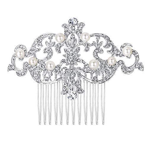EVER FAITH Bridal Silver-Tone Simulated Pearl Flower Austrian Crystal Hair Comb Headpiece EVER FAITH Bridal Silver-Tone Simulated Pearl Flower Austrian Crystal Hair Comb Headpiece