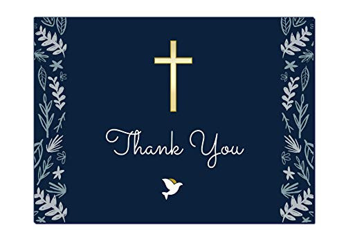 Christian Thank You Cards | Religious Catholic acknowledgement Notes | Navy Blue & Gold | Holy Communion Baptism Confirmation Christening Reconciliation Funeral | 20 Count with envelopes | 8" x 5.5"