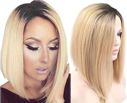Ebingoo Natural Looking Short Straight Bob Blonde Ombre Lace Front Wigs with Dark Roots for women Glueless Synthetic Hair Replacement Heat Resistant Fiber Wig Ebingoo Natural Looking Short Straight Bob Blonde Ombre Lace Front Wigs with Dark Roots for women Glueless Synthetic Hair Replacement Heat Resistant Fiber Wig
