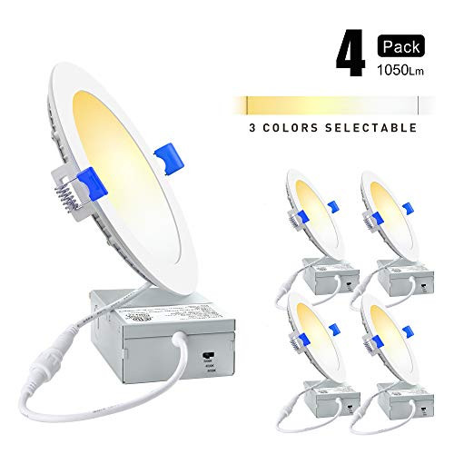 Ensenior 4 Pack 6 Inch Ultra-Thin LED Recessed Ceiling Light with Junction Box, 3 Colors in 1, 12W 110W Eqv, Dimmable Can-Killer Downlight, 1050LM High Brightness - ETL and Energy Star Certified