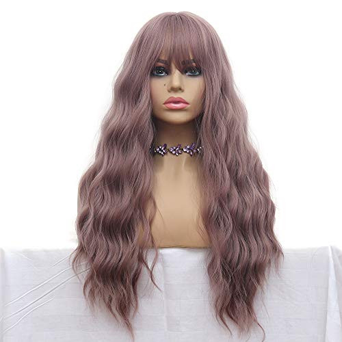 Long Wave Wigs Light Purple Mix Yellow Color Hair Thin Bangs Full Heat Resistant Synthetic Wig for Women 28 Inches Natural Curly Wave Air Bang Replacement Wig for Party Cosplay Body Wavy Wisteria