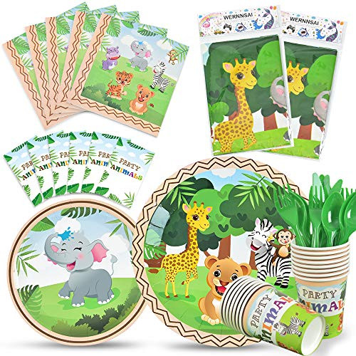 WERNNSAI Jungle Safari Theme Party Tableware Set - Zoo Animals Party Supplies for Kids Birthday Baby Shower Includes Plates Cups Napkins Table Cover Cutlery Bag Utensils Serves 16 Guests 130 PCS WERNNSAI Jungle Safari Theme Party Tableware Set - Zoo Animals Party Supplies for Kids Birthday Baby Shower Includes Plates Cups Napkins Table Cover Cutlery Bag Utensils Serves 16 Guests 130 PCS