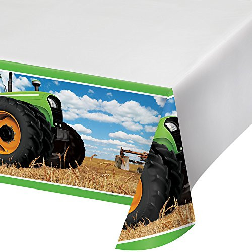 Creative Converting 318056 Border Print Plastic Tablecover, 54 x 102, Tractor Time
