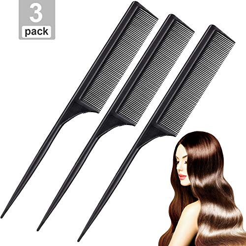 Leinuosen 3 Pack Styling Comb Carbon Fiber Anti Static Heat Resistant Tail Comb for Back Combing, Root Teasing, Adding Volume, Evening Styling (Black)
