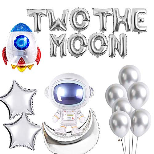 Two The Moon Balloons,2 The Moon Birthday Party Banner for Baby 2nd Birthday Party Outer Space Astronaut Robot UFO Theme Party Decorations Supplies