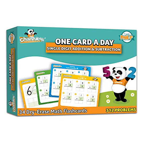Channies One Card a Day Single Digit Addition & Subtraction, 34 Dry Erase Math Flashcards, for Pre-K - 1st Grade