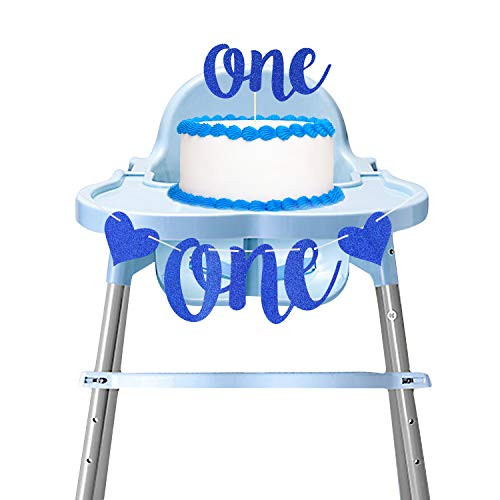 Excelloon First Birthday Banner Decoration - Glitter Blue One Highchair Banner & One Cake Topper - Baby Boy 1st Birthday Party Decoration Supplies Excelloon First Birthday Banner Decoration - Glitter Blue One Highchair Banner & One Cake Topper - Baby Boy 1st Birthday Party Decoration Supplies