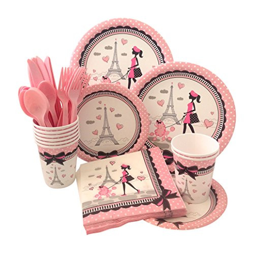 Party in Paris Birthday Supply Pack! Bundle Includes Paper Plates, Napkins, Cups & Silverware for 8 Guests