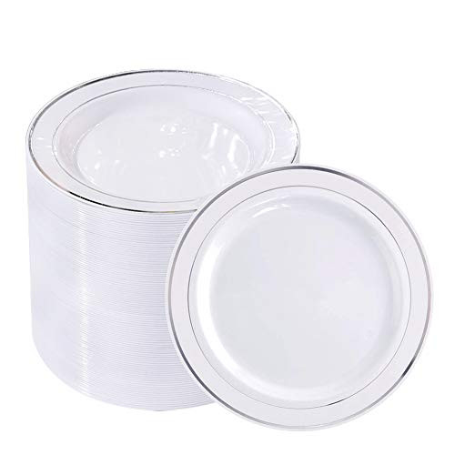 BUCLA 100Pieces Silver Plastic Plates -6.25inch Disposable Salad/Dessert Plates- White with Silver Rim Premium Hard Plastic Appetizer Plates/Small Cake Plates for Weddings& Parties BUCLA 100Pieces Silver Plastic Plates -6.25inch Disposable Salad/Dessert Plates- White with Silver Rim Premium Hard Plastic Appetizer Plates/Small Cake Plates for Weddings& Parties