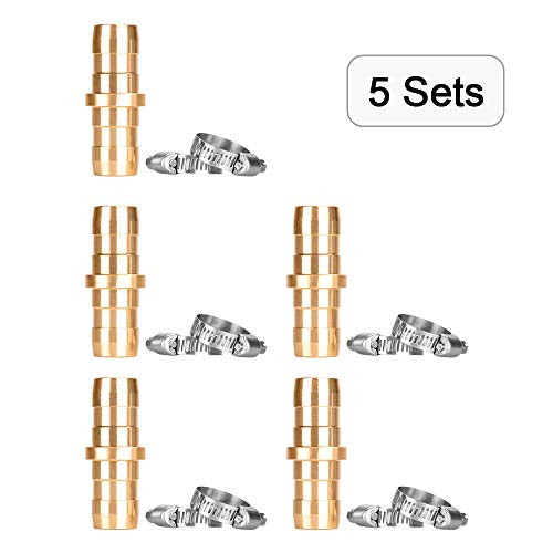 Alanfox 5 Sets Brass Garden Hose Repair Mender Kit for 5/8 or 3/4 Garden Hose Fittings, Hose Mender End, with 10 Pieces Stainless Steel Clamp, Male and Female Hose Connector