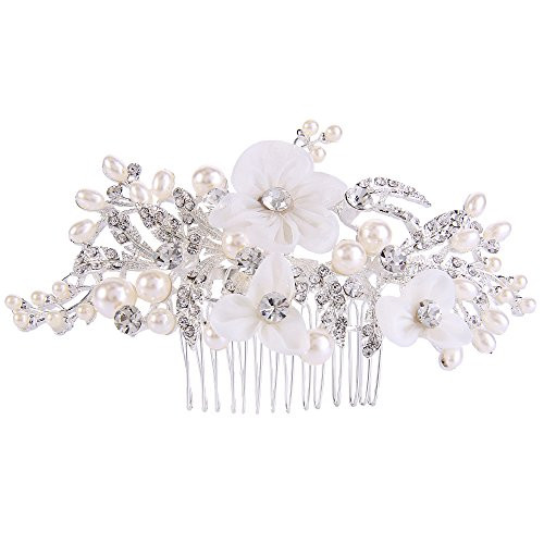 BriLove Women's Bohemian Ivory Color Simulated Pearl Bridal Crystal Hollow Flower Hair Comb Clear Silver-Tone