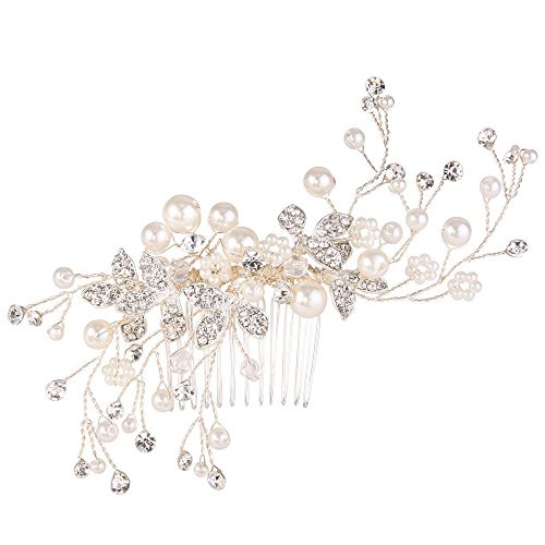 BriLove Wedding Bridal Hair Comb Hair Accessories with Ivory Color Simulated Pearl Crystal Floral DIY Handmade Bendable Filigree Bead for Women Clear Silver Tone