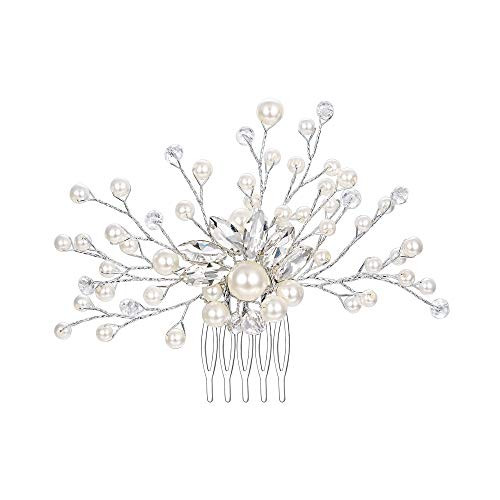 BriLove Wedding Bridal Hair Comb Hair Accessories with Crystal Bead Simulated Pearl Handmade Filigree for Women Clear Silver-Tone